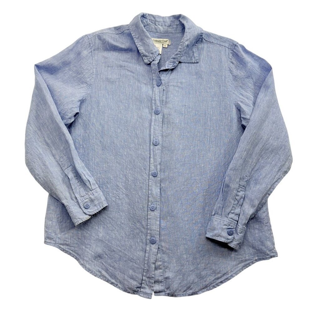 Coldwater Creek Linen Button Up Shirt Fisherman Beachy Coastal Lt Blue Womens PL